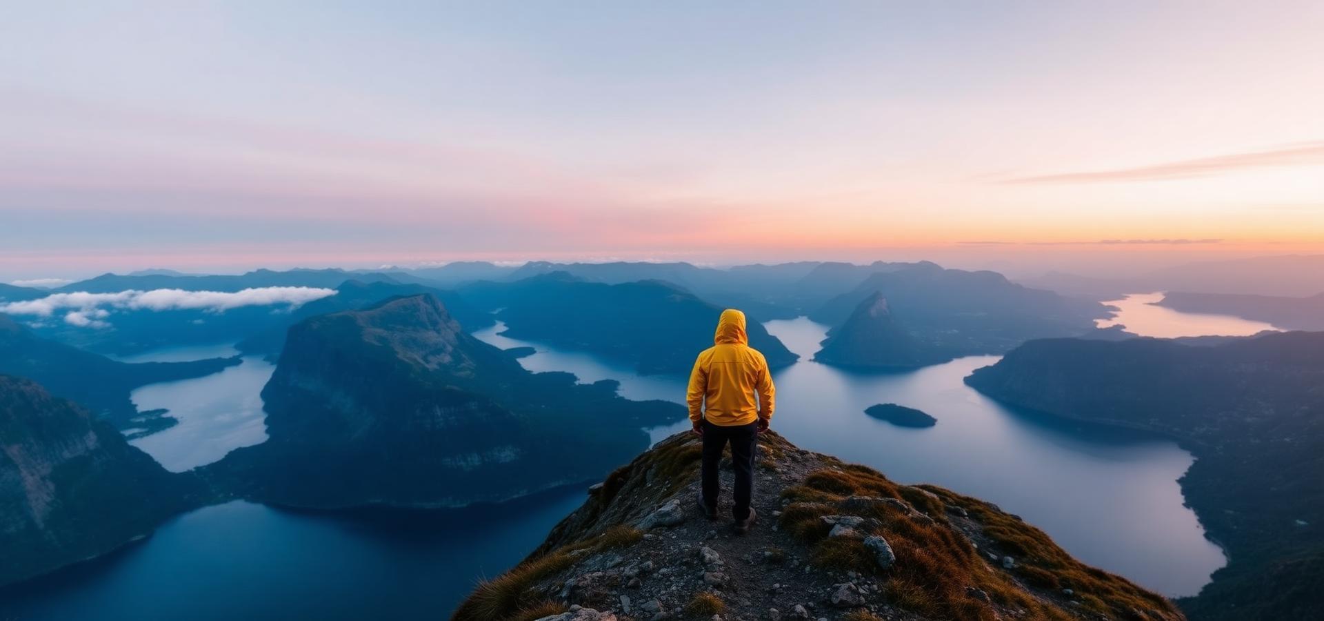 Person står på fjellet og ser ut over fjorden