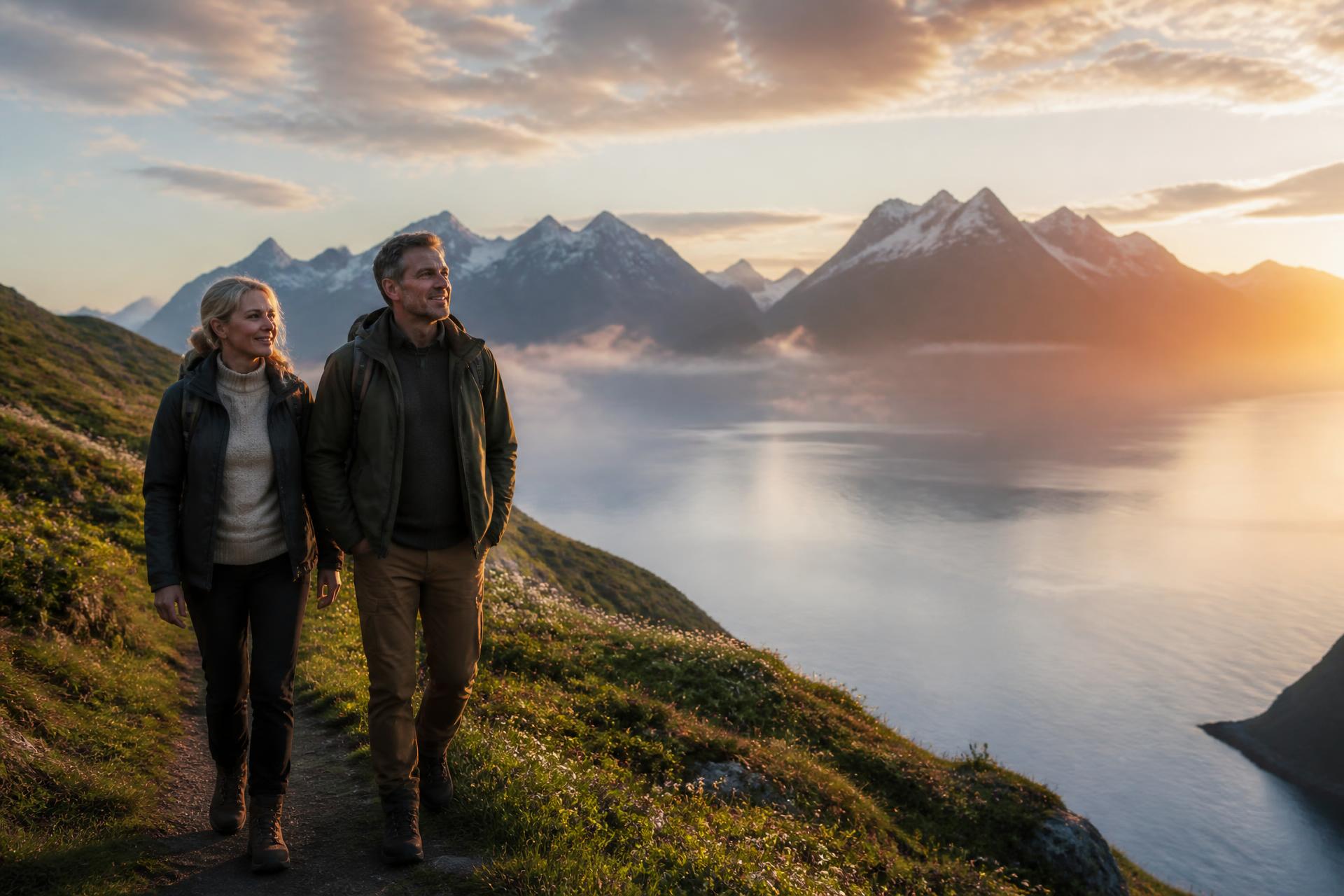 Et par går langs en fjord ved gylden time i Norge
