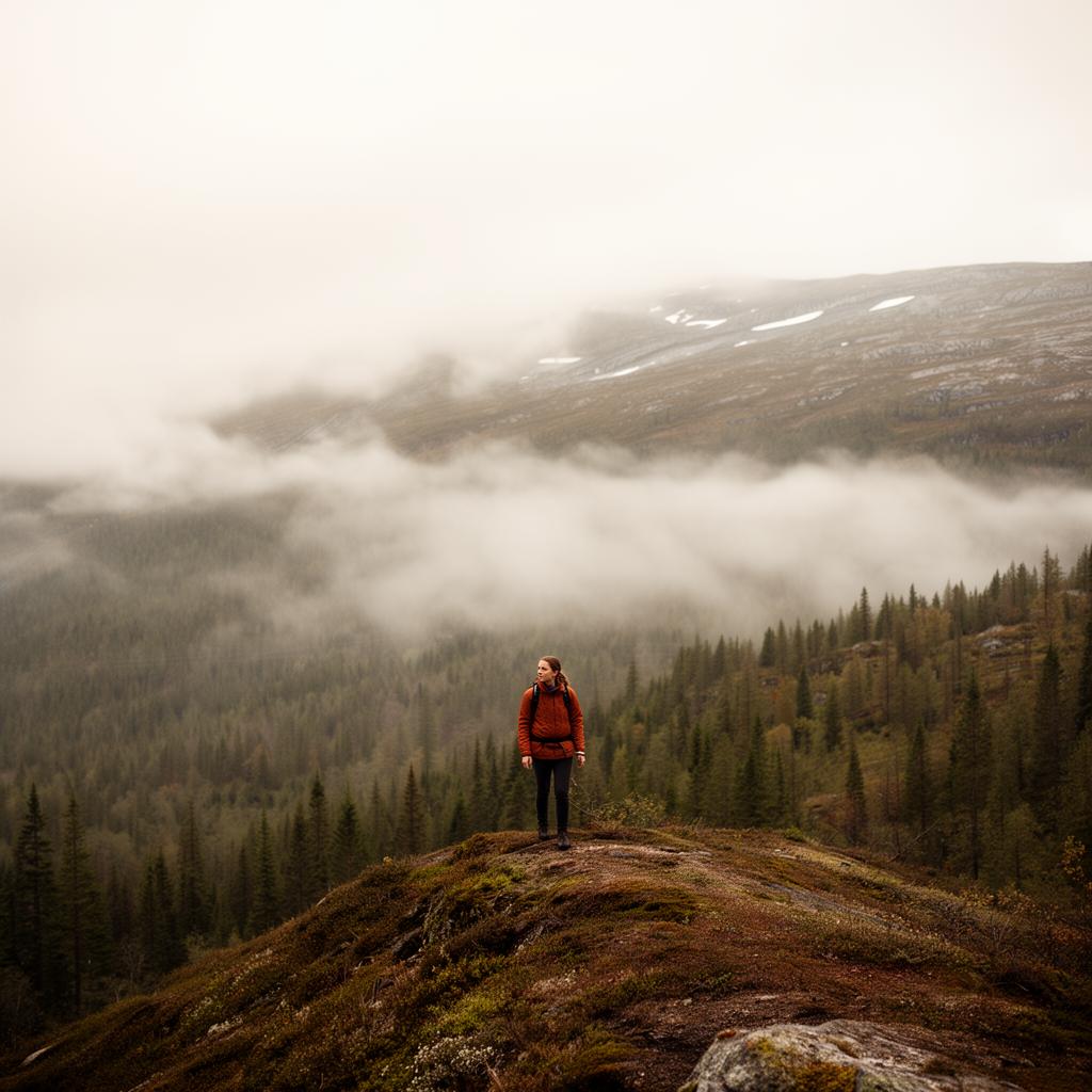 Mosjonist på en åsrygg i norsk fjell